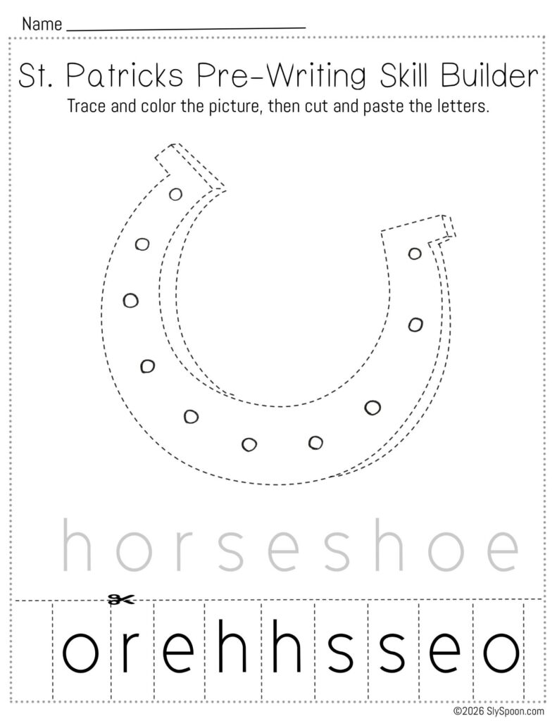 Free printable St. Patrick’s Day pencil control skill builder worksheet for Letter H with a horseshoe picture, trace then cut and paste to spell horseshoe
