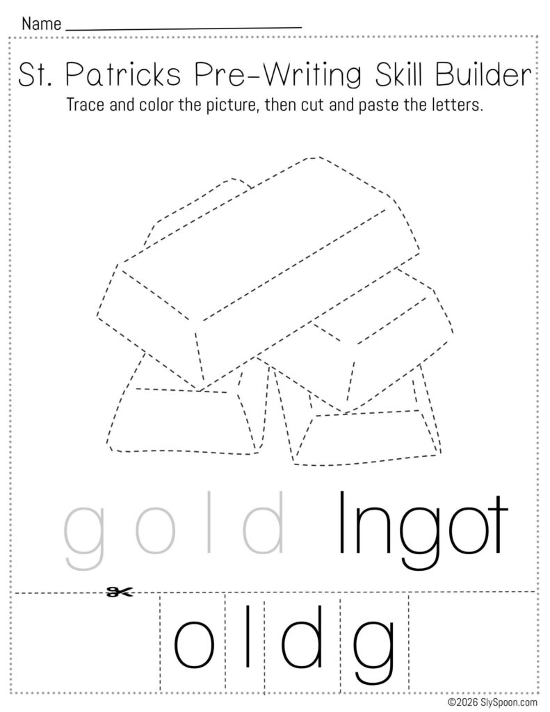Free printable St. Patrick’s Day pencil control skill builder worksheet for Letter I with a gold ingot picture, trace then cut and paste to spell ingot