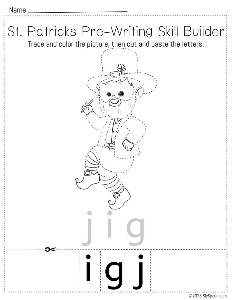 Free printable St. Patrick’s Day pencil control skill builder worksheet for Letter J with a leprechaun dancing picture, trace then cut and paste to spell jig