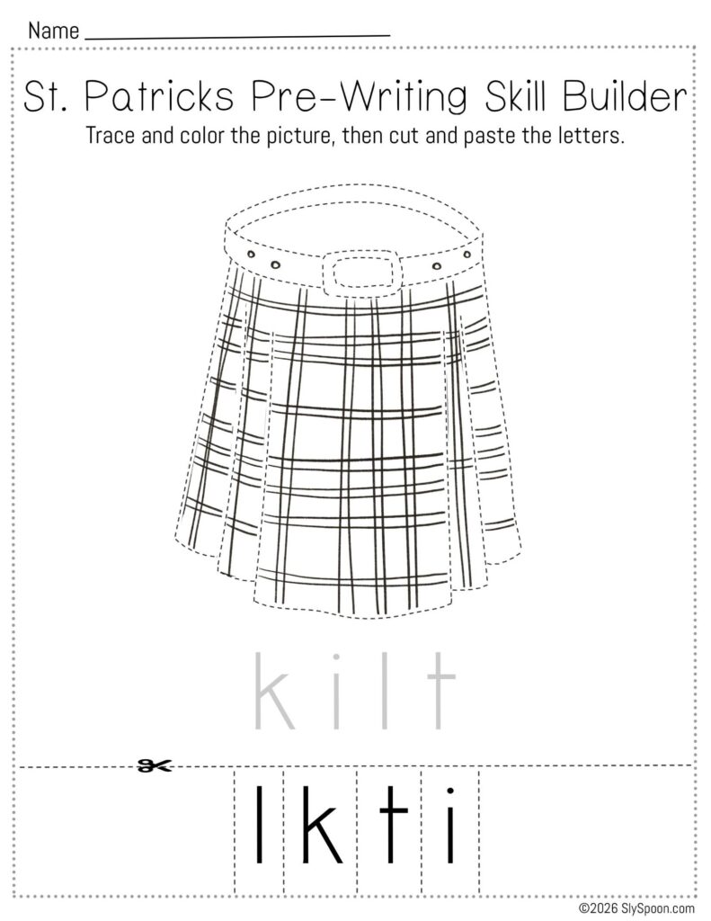 Free printable St. Patrick’s Day pencil control skill builder worksheet for Letter K with a kilt picture, trace then cut and paste to spell kilt