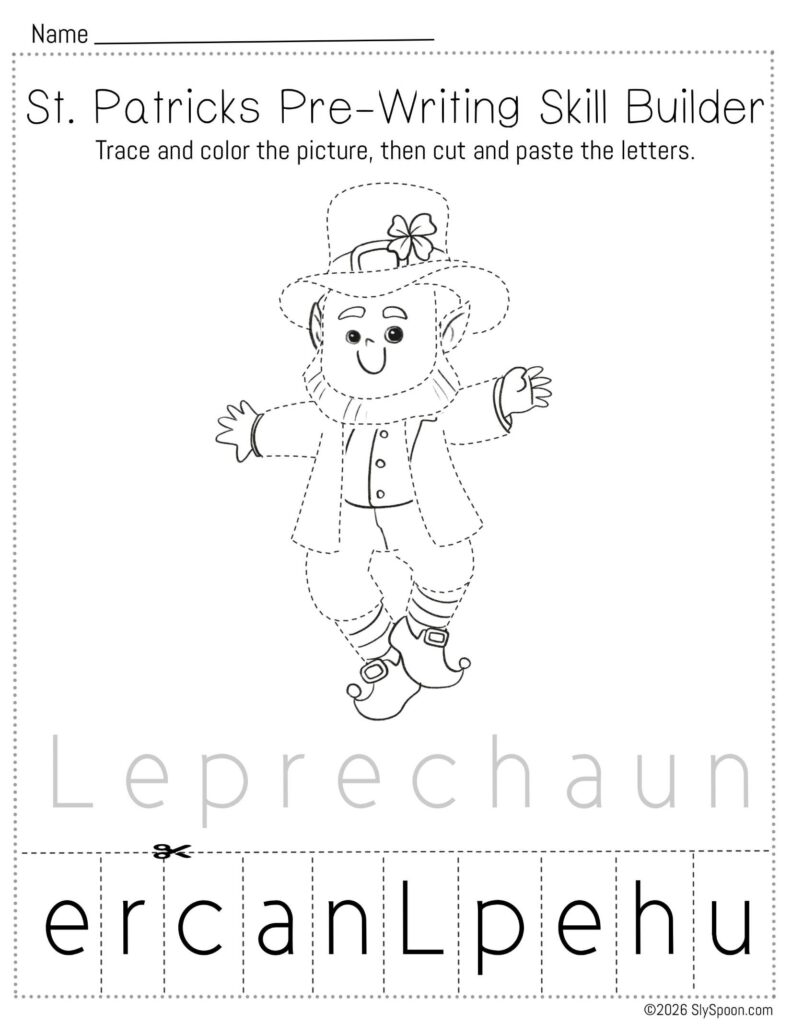Free printable St. Patrick’s Day pencil control skill builder worksheet for Letter L with a leprechaun picture, trace then cut and paste to spell leprechaun