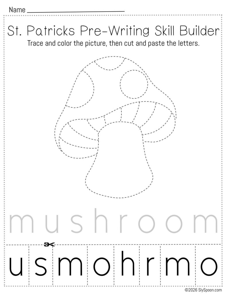 Free printable St. Patrick’s Day pencil control skill builder worksheet for Letter M with a mushroom picture, trace then cut and paste to spell mushroom