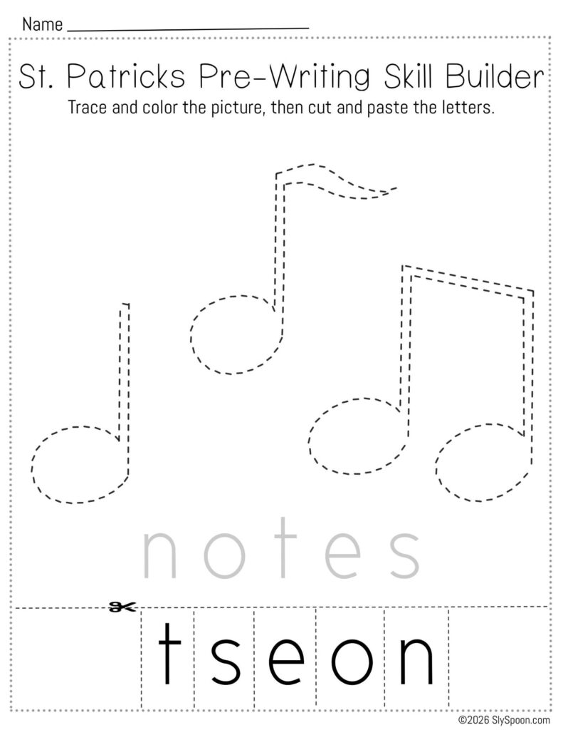 Free printable St. Patrick’s Day pencil control skill builder worksheet for Letter N with music notes picture, trace then cut and paste to spell notes