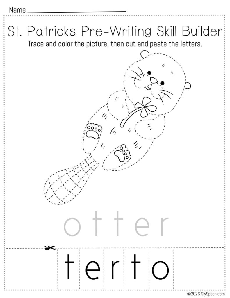 Free printable St. Patrick’s Day pencil control skill builder worksheet for Letter O with an otter picture, trace then cut and paste to spell otter