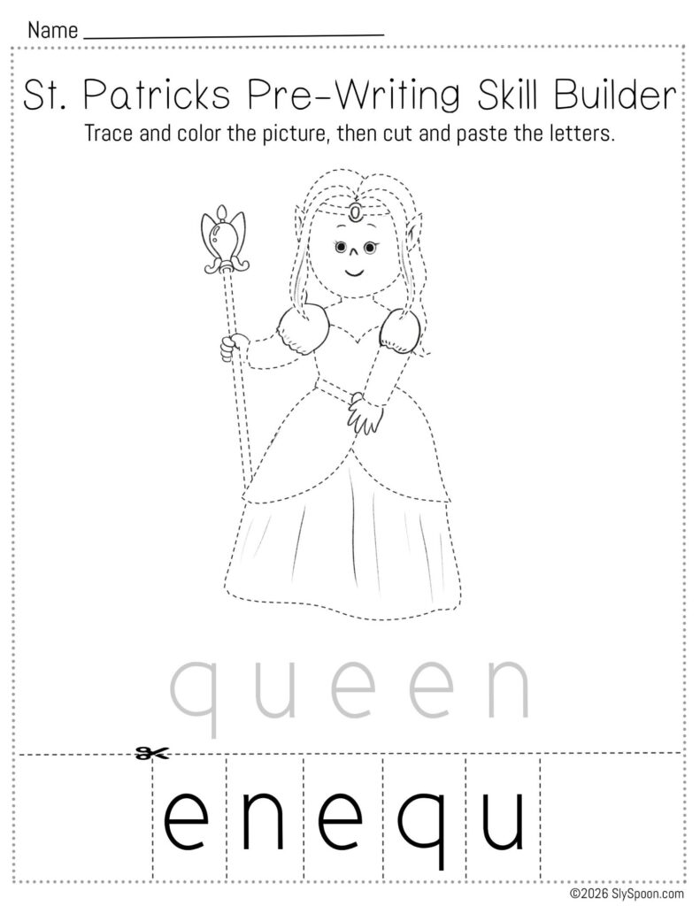 Free printable St. Patrick’s Day pencil control skill builder worksheet for Letter Q with an elf queen picture, trace then cut and paste to spell queen