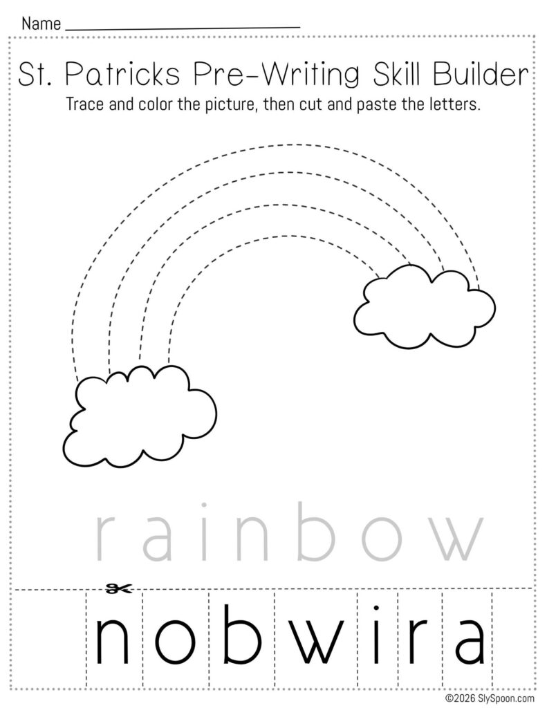 Free printable St. Patrick’s Day pencil control skill builder worksheet for Letter R with a rainbow picture