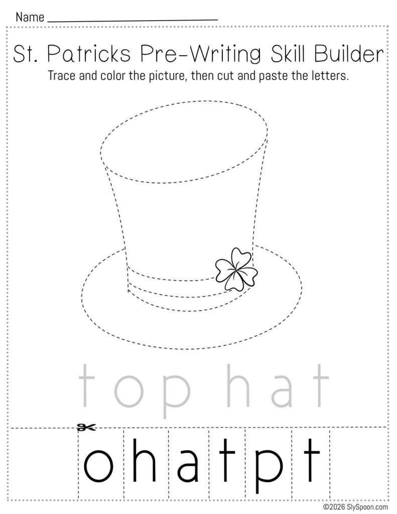 Free printable St. Patrick’s Day pencil control skill builder worksheet for Letter T with a leprechaun top hat picture