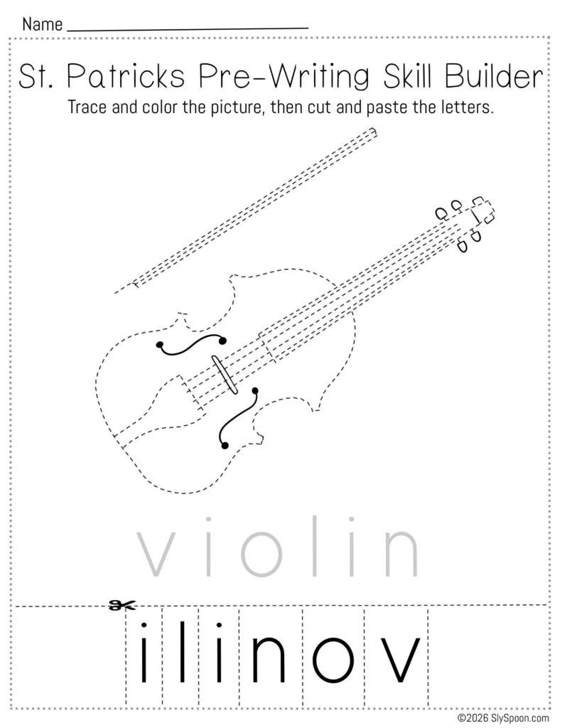 Free printable St. Patrick’s Day pencil control skill builder worksheet for Letter V with a violin picture