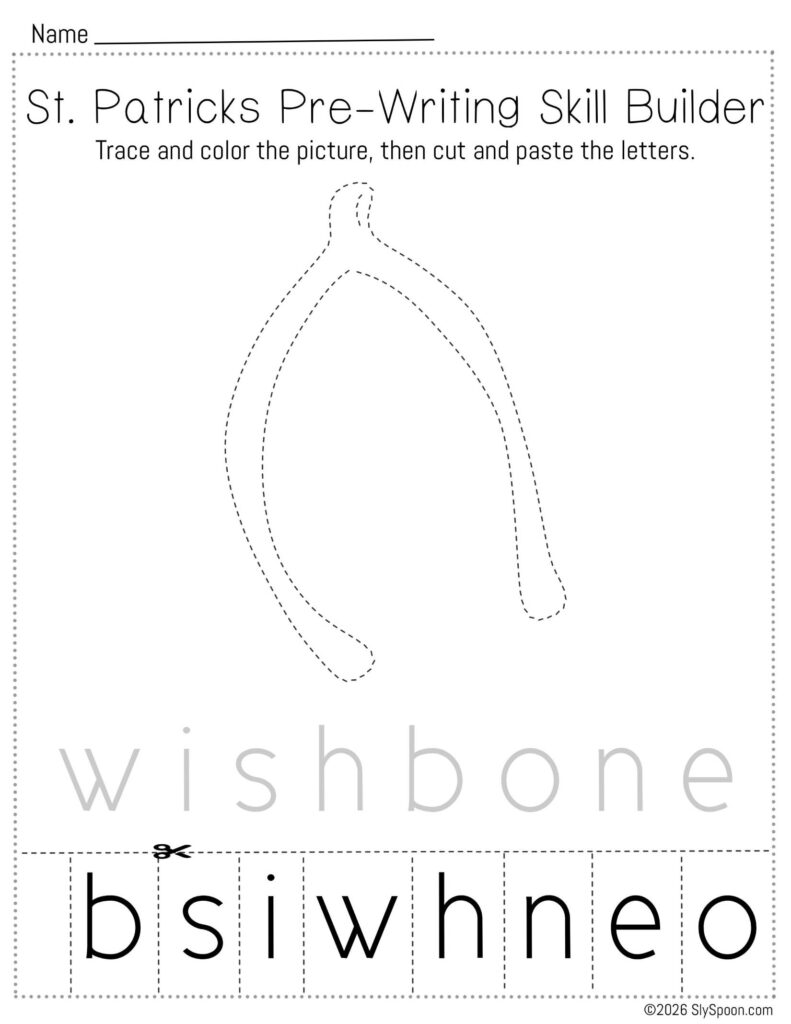 Pencil Control Skill Builder – Letter W St. Patrick’s Day Worksheet (Wishbone) Free printable St. Patrick’s Day pencil control skill builder worksheet for Letter W with a wishbone picture
