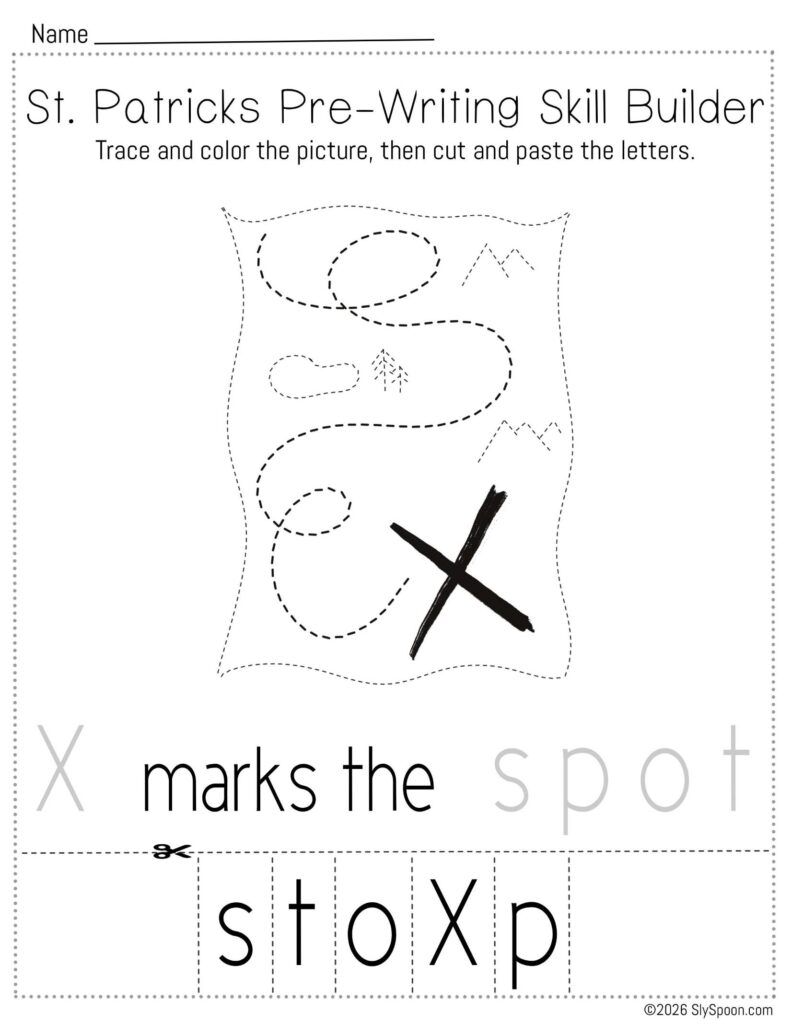 Free printable St. Patrick’s Day pencil control skill builder worksheet for Letter X with treasure map picture