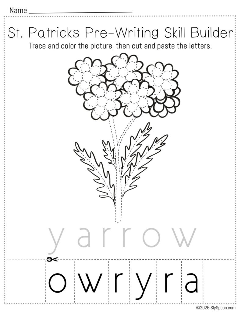 Free printable St. Patrick’s Day pencil control skill builder worksheet for Letter Y with a yarrow flower picture