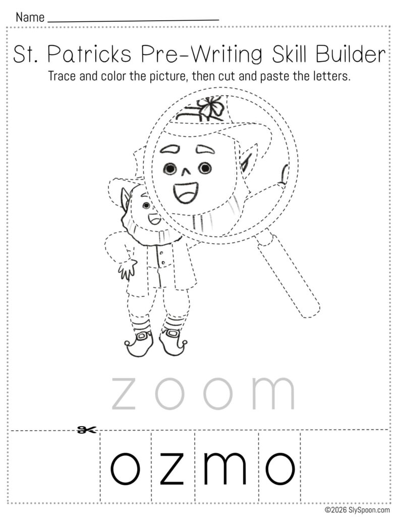 Free printable St. Patrick’s Day pencil control skill builder worksheet for Letter Z with zoom-themed leprechaun picture