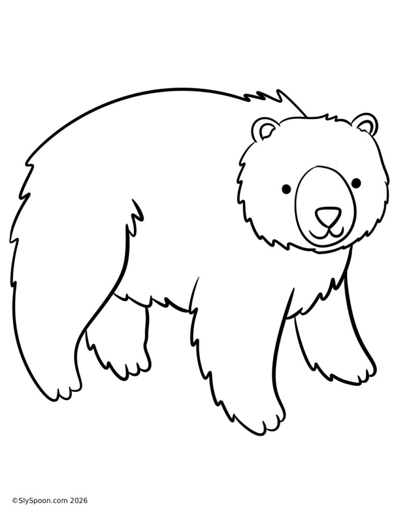 Free printable polar bear coloring page for preschool and kindergarten, simple winter animal craft kids can color and decorate.