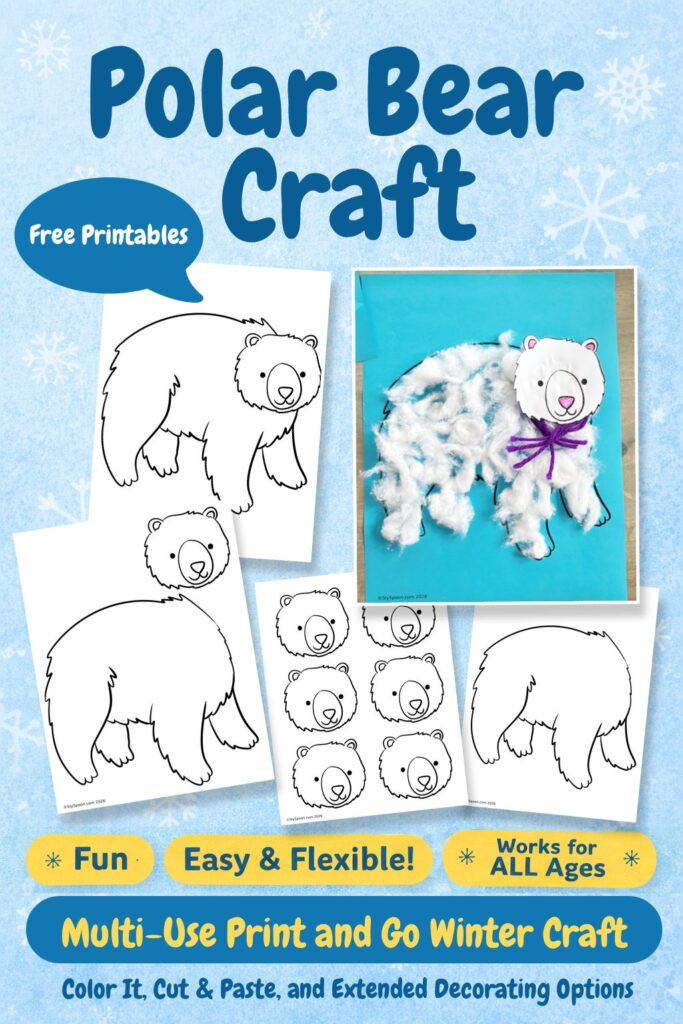 Polar bear craft for preschool and kindergarten featuring free printable templates, cotton ball sensory art, and easy winter craft ideas for kids.