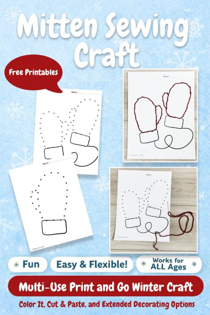 Mitten sewing winter craft made with cardstock paper, yarn, and printable templates, suitable for preschool and kindergarten.