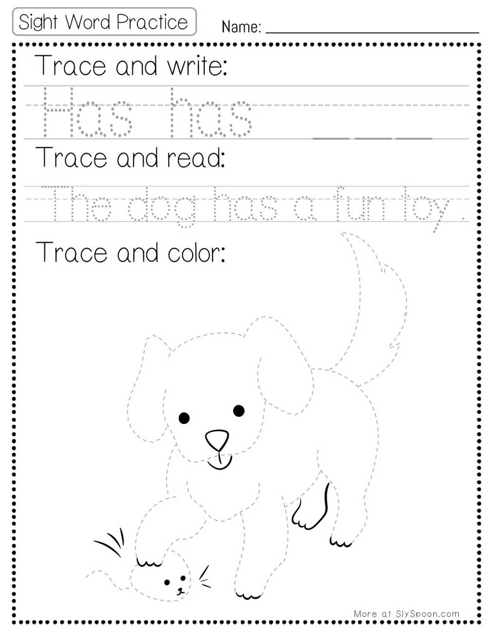 Trace write read color sight word has worksheet with dog toy picture