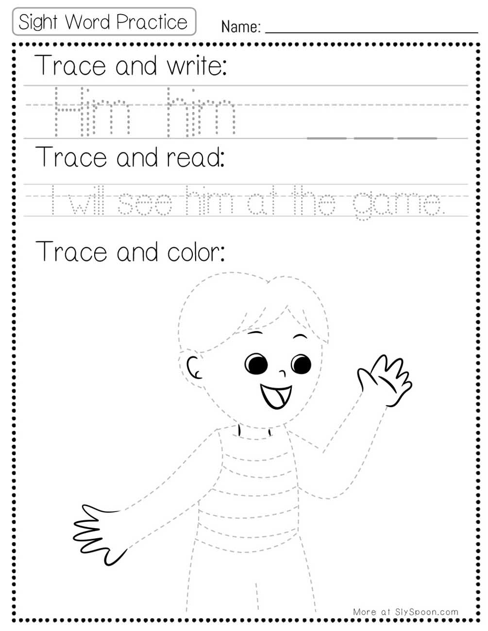Trace write read color sight word him worksheet with game picture