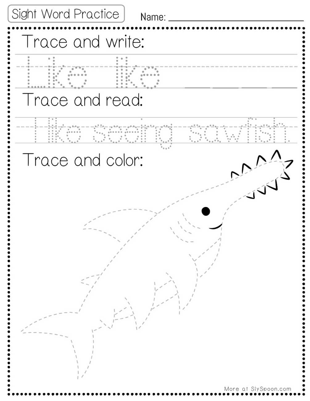 Trace write read color sight word like worksheet with sawfish picture