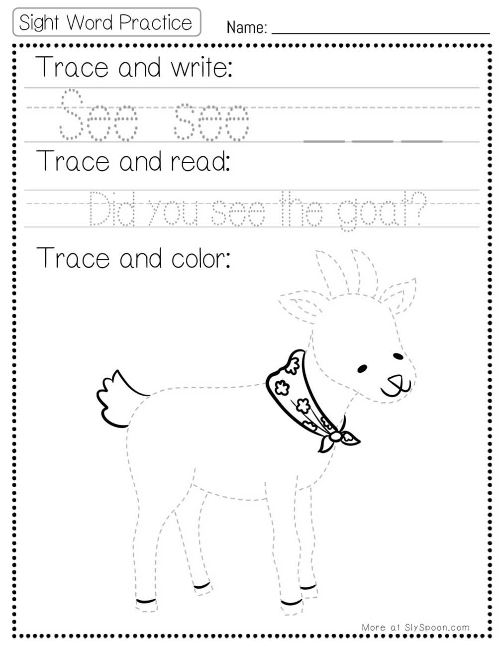 Trace write read color sight word see worksheet with goat picture