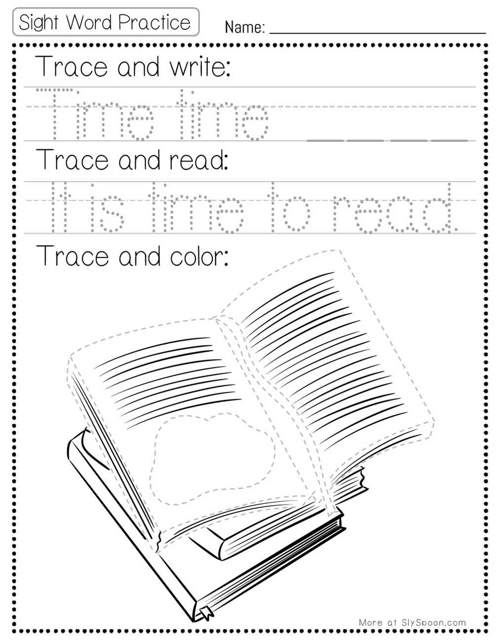 Trace write read color sight word time worksheet with reading picture