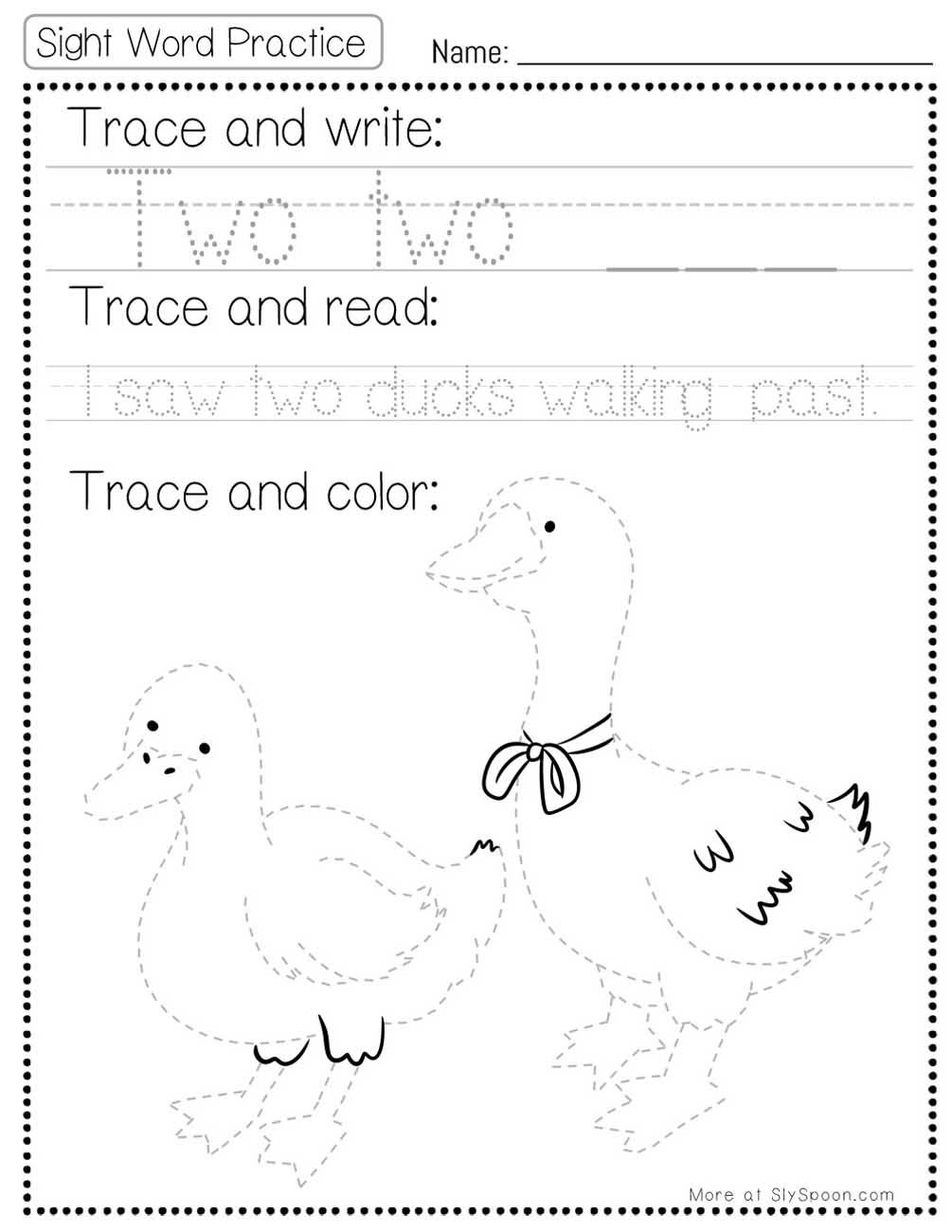 Trace write read color sight word two worksheet with two ducks picture