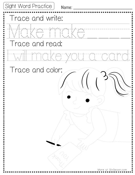 Trace write read color sight word make worksheet