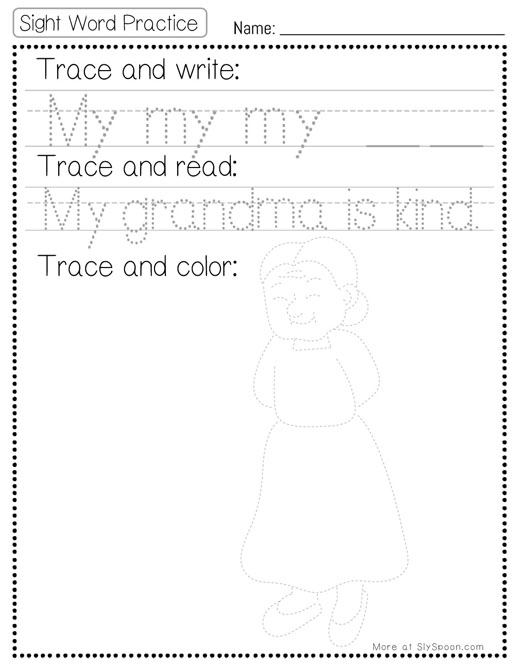 Trace write read color sight word my worksheet