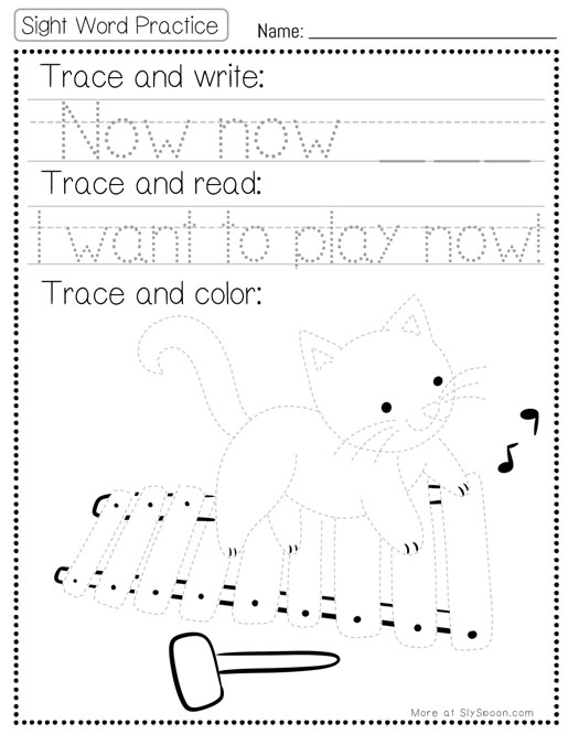 Trace write read color sight word now worksheet