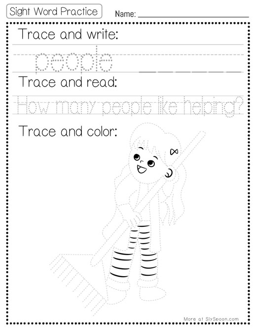 Trace write read color sight word people worksheet