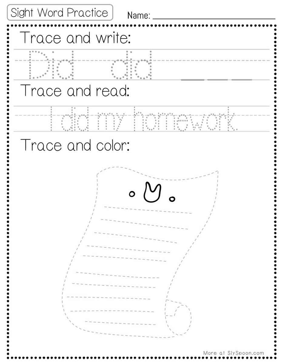 Trace write read color sight word did worksheet