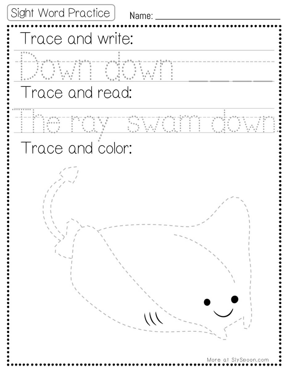 Trace write read color sight word down worksheet