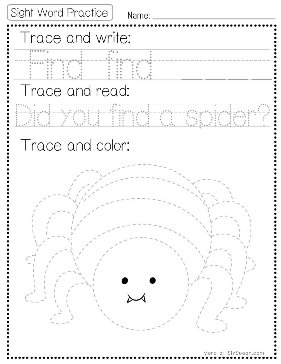 Trace write read color sight word find worksheet with spider picture