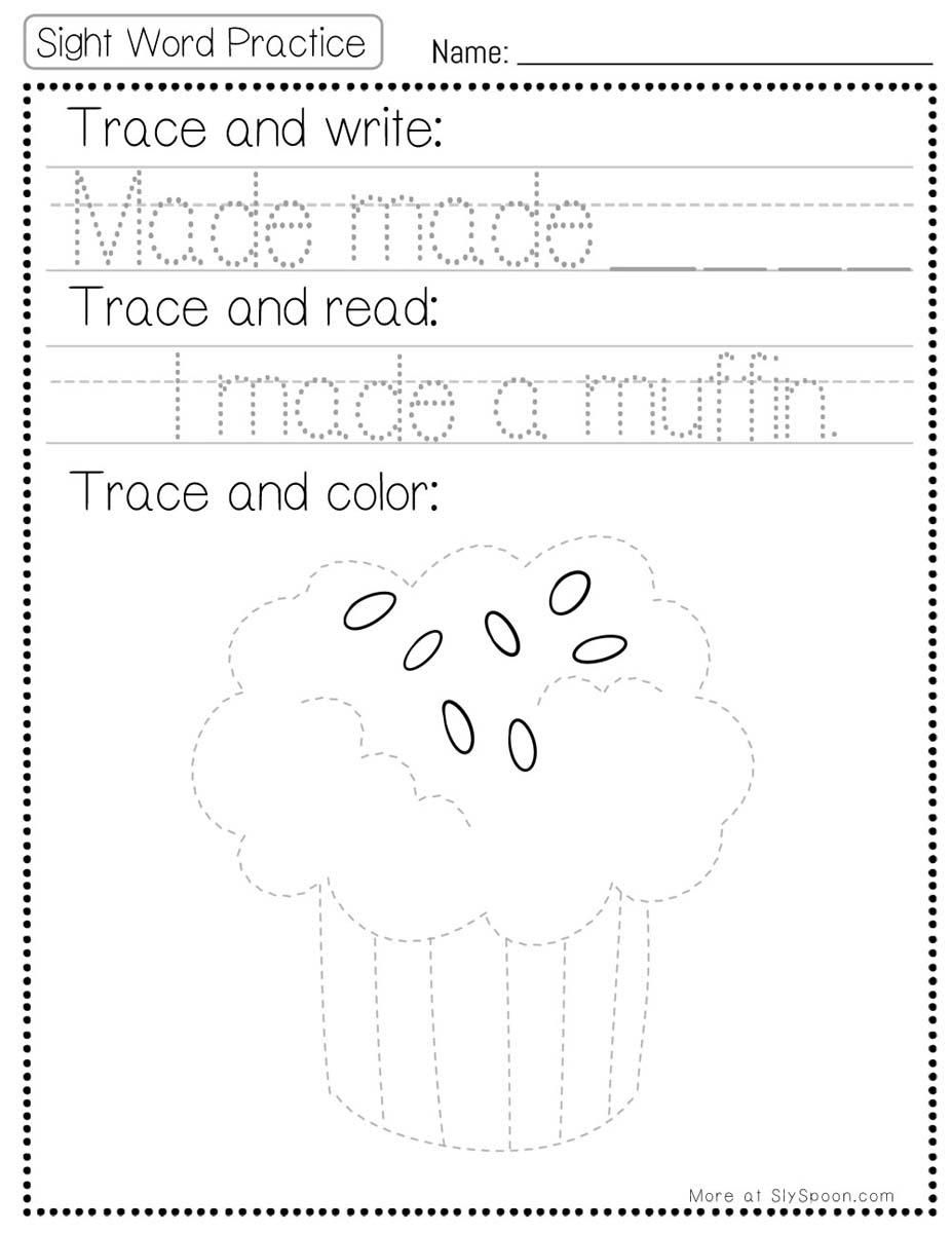 Trace write read color sight word made worksheet with muffin picture