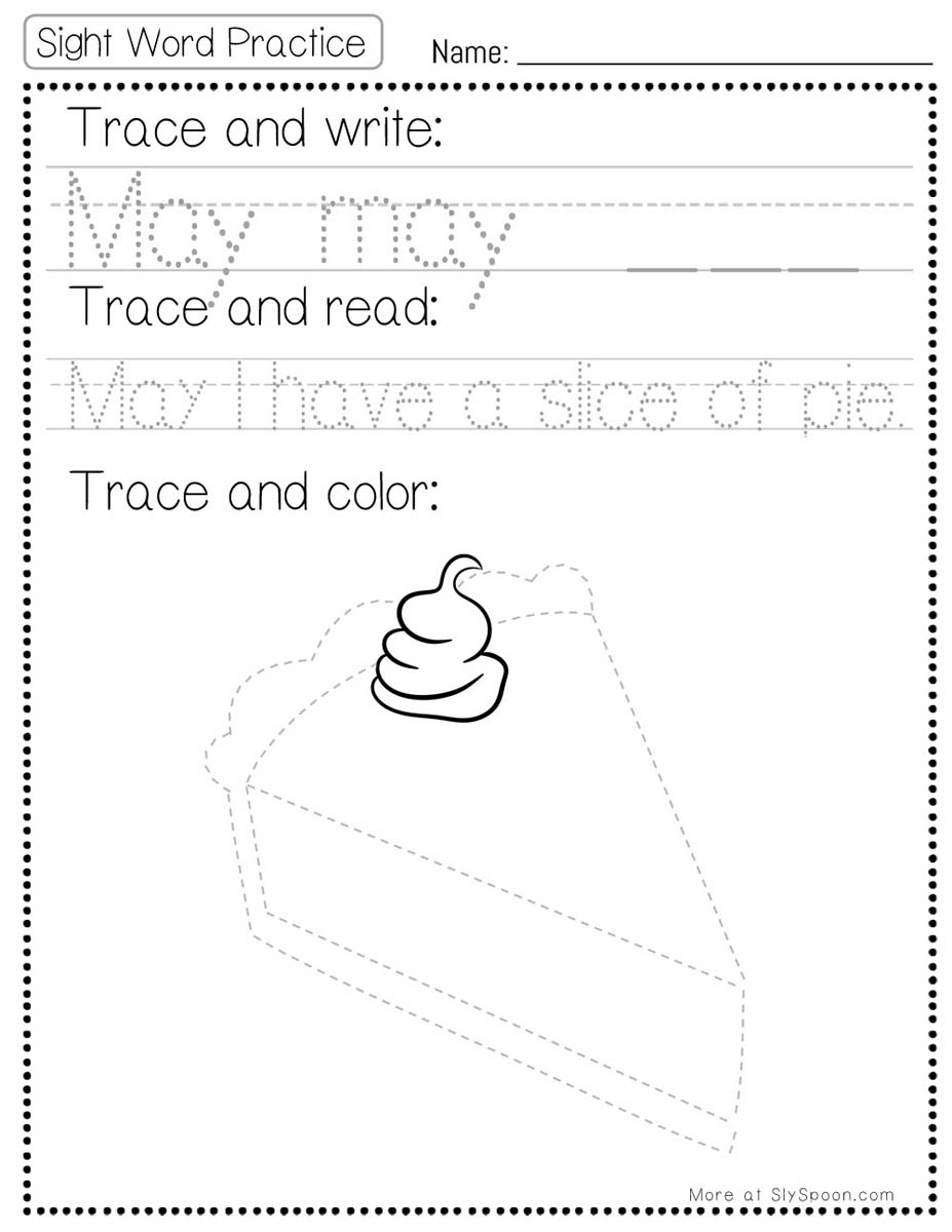 Trace write read color sight word may worksheet with pie slice picture