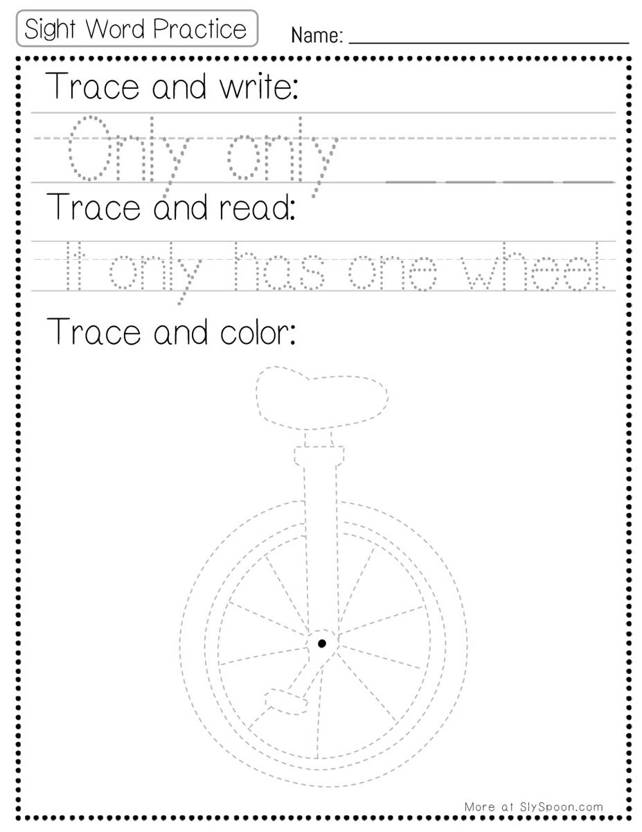 Trace write read color sight word only worksheet with unicycle picture