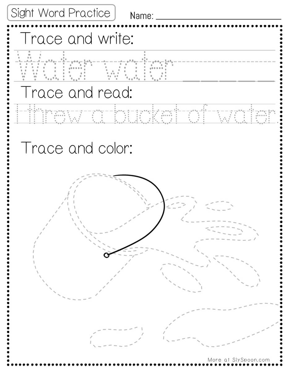 Trace write read color sight word water worksheet with splashing bucket picture