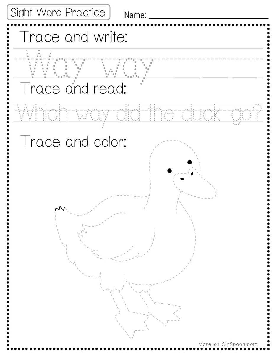 Trace write read color sight word way worksheet with duck picture