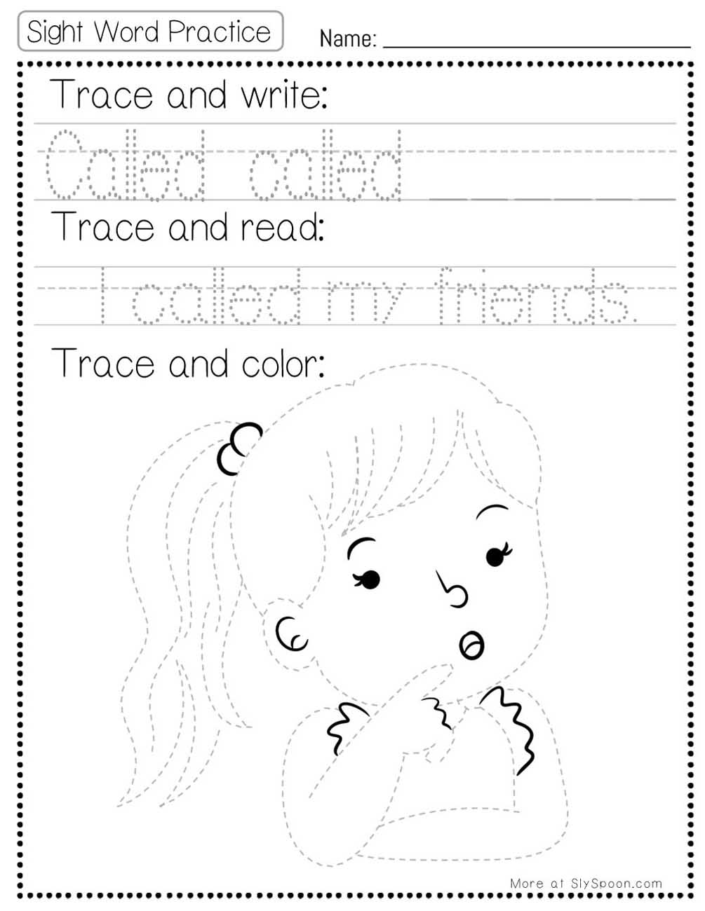 Trace write read color sight word called worksheet with dog picture