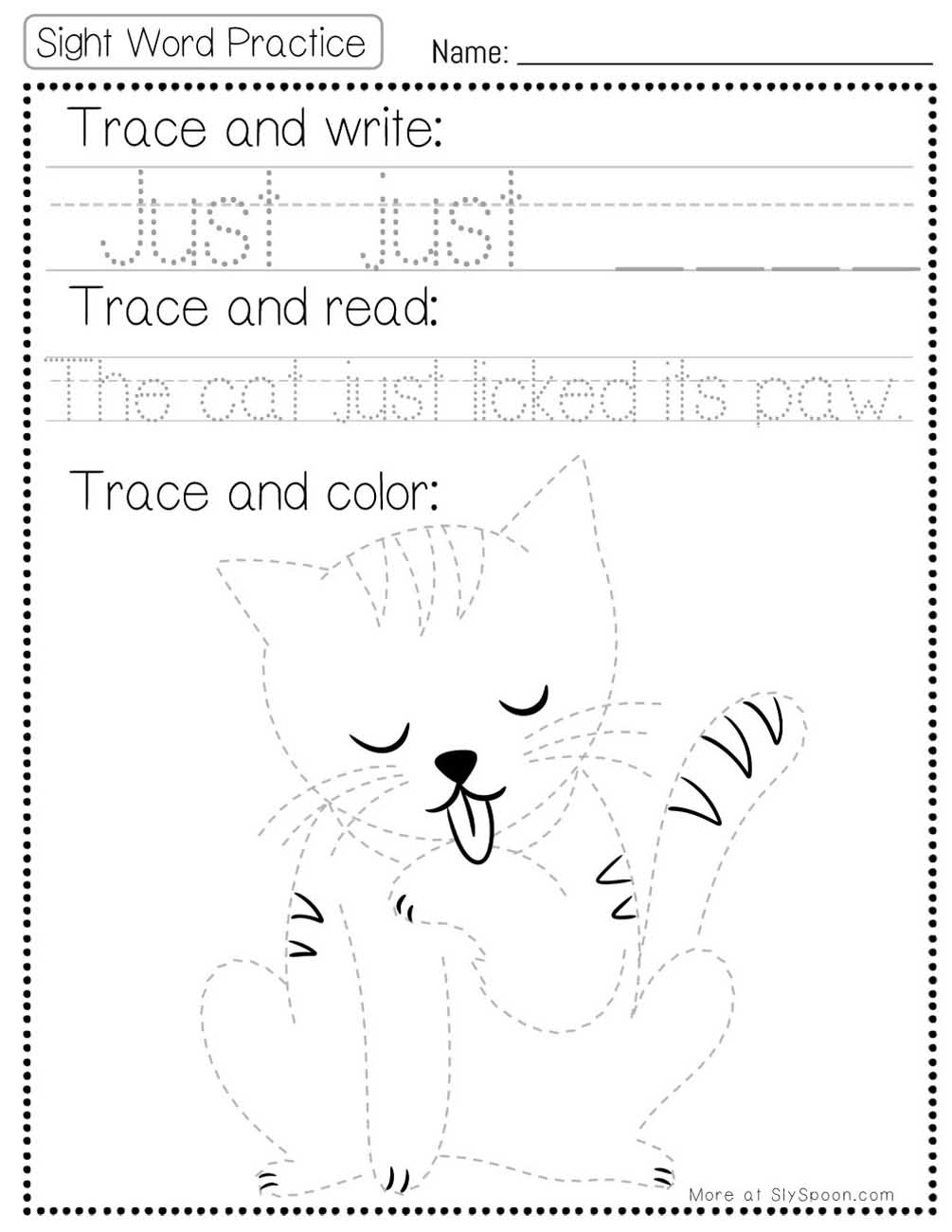 Trace write read color sight word just worksheet with cat picture