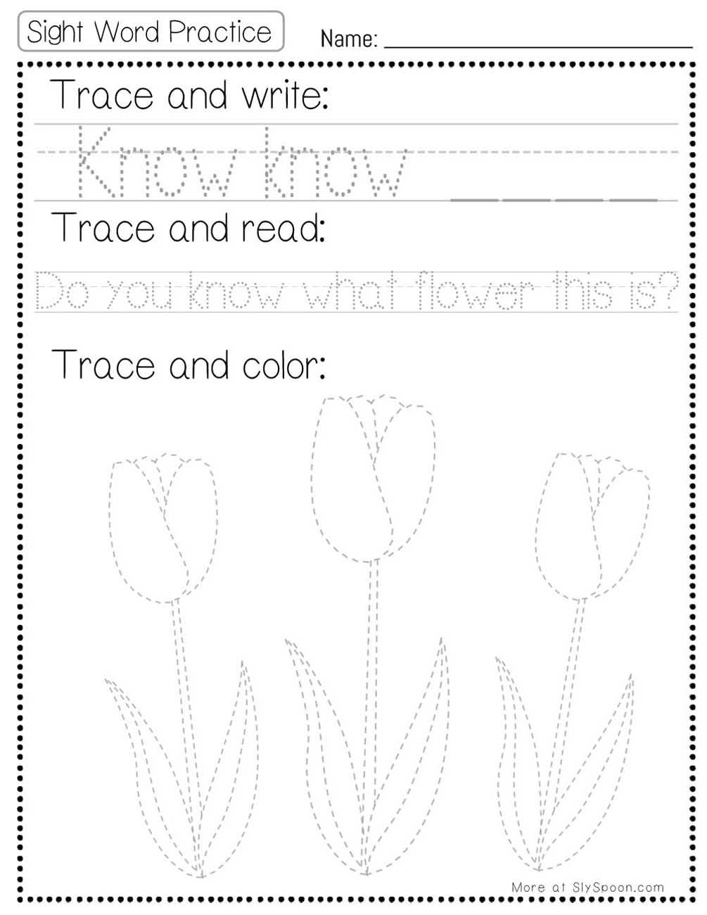 Trace write read color sight word know worksheet with flower picture