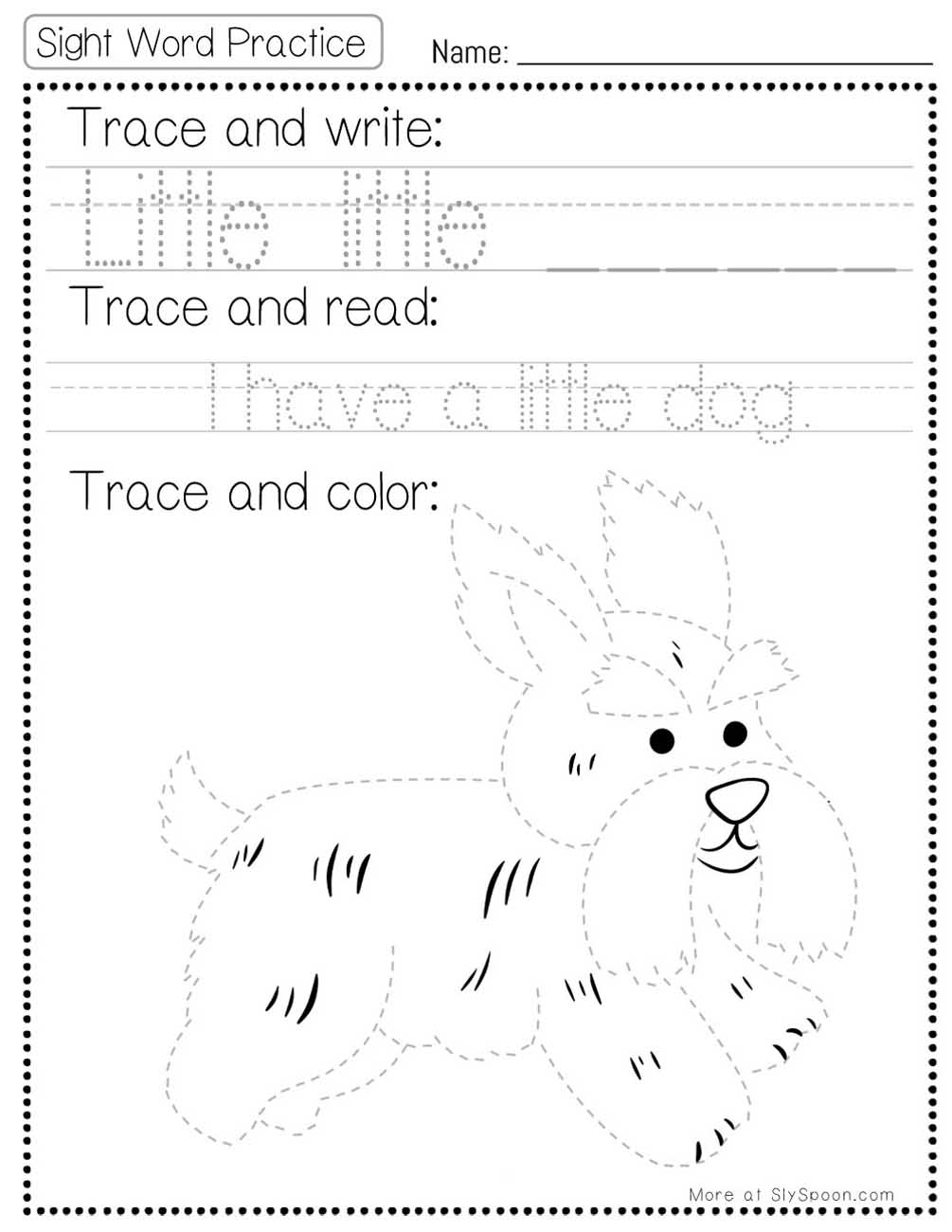 Trace write read color sight word little worksheet with dog picture