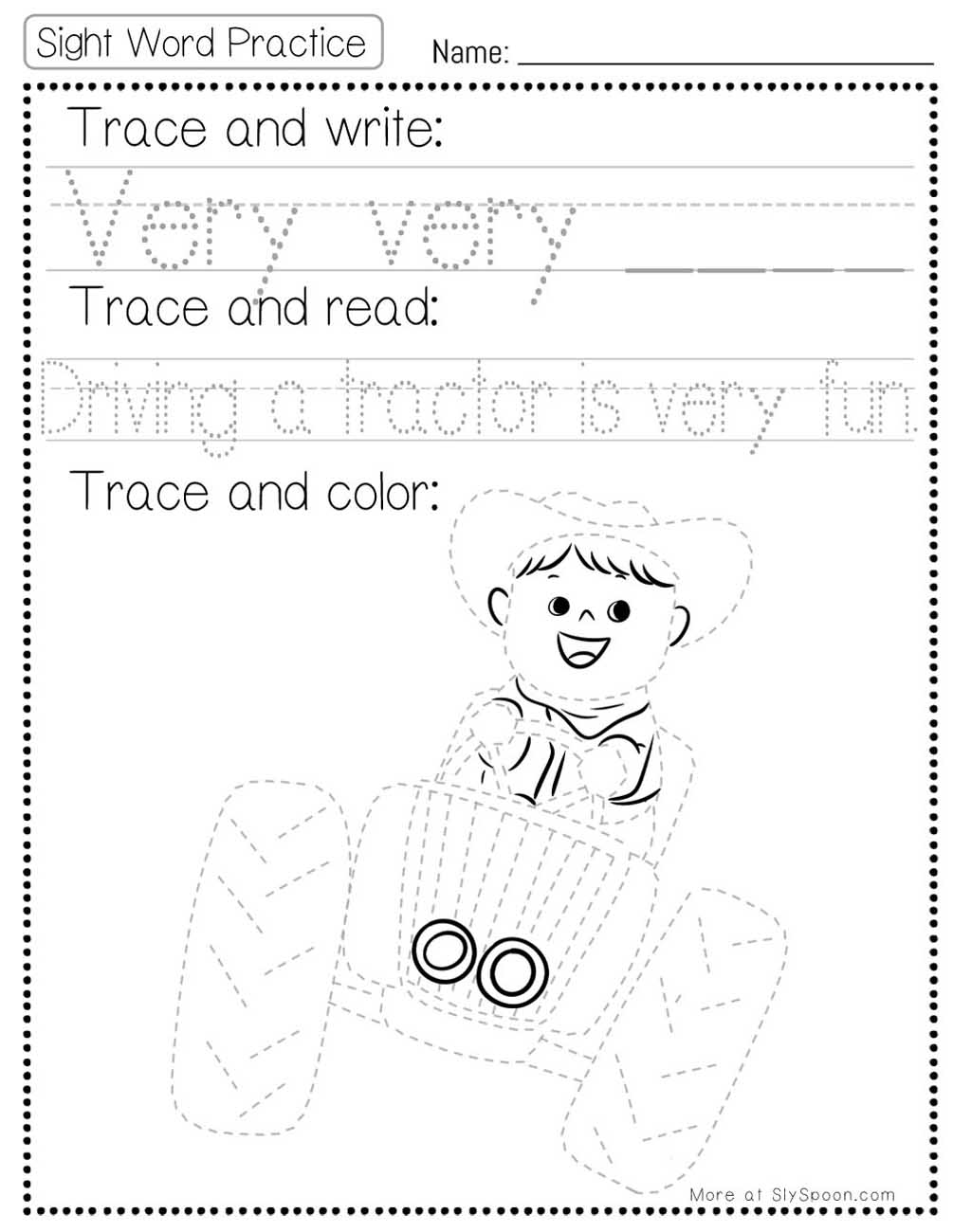 Trace write read color sight word very worksheet with tractor picture