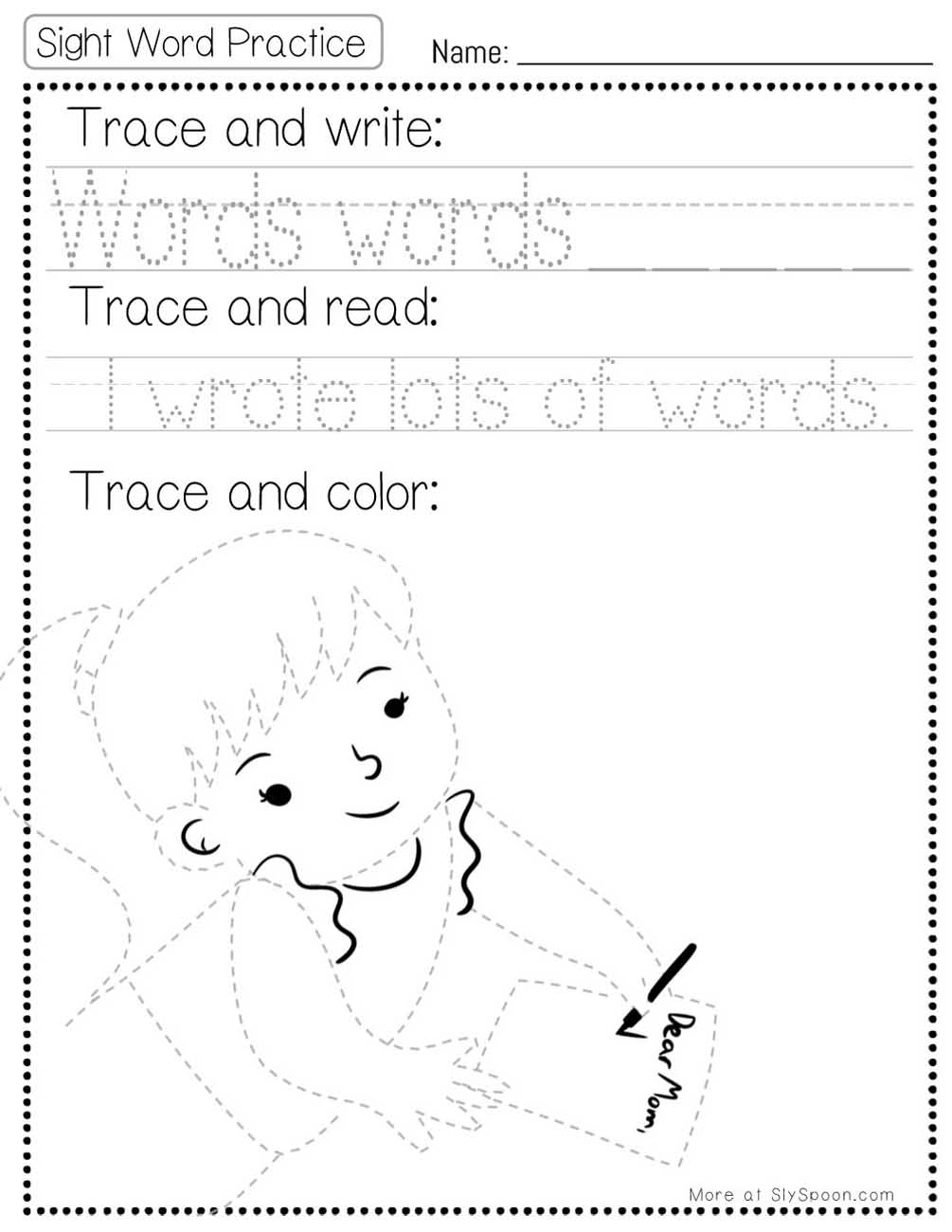 Trace write read color sight word words worksheet with writing picture