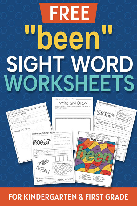 5 Free "been" sight word worksheets printable bundle overview image showing all 5 printable pages for the sight word been