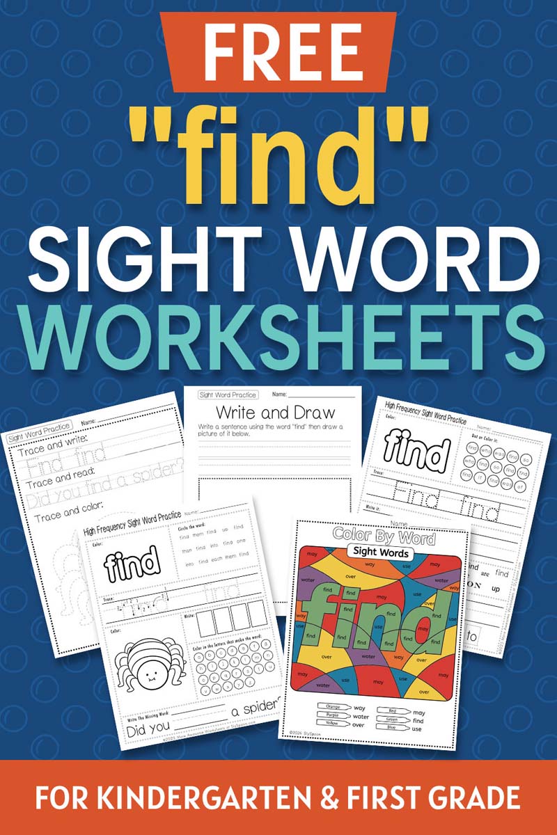 5 Free "find" sight word worksheets printable bundle overview image showing all 5 printable pages for the sight word find