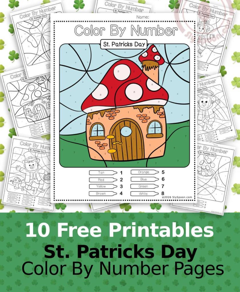 Free Printable Easy St. Patricks Day activity idea - Color By Number Worksheet featuring a cute Leprechaun design. Mushroom.