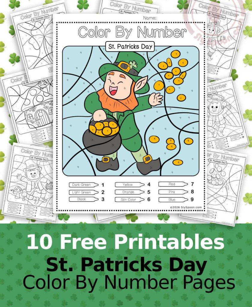 Free Printable Easy St. Patricks Day activity idea - Color By Number Worksheet featuring a cute Leprechaun design. Pot of Gold.