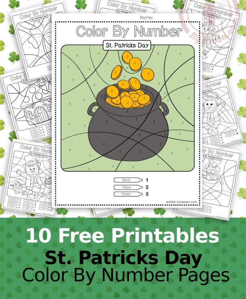 Free Printable Easy St. Patricks Day activity idea - Color By Number Worksheet featuring a cute Leprechaun design. Pot of Gold
