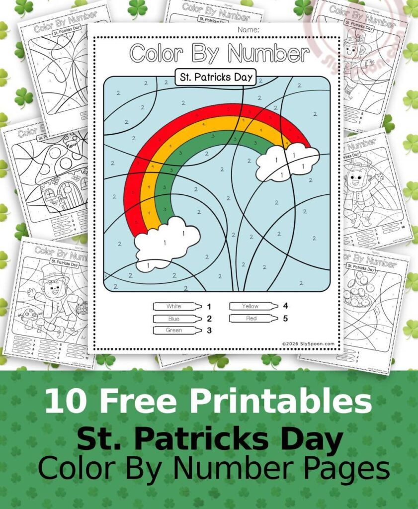 Free Printable Easy St. Patricks Day activity idea - Color By Number Worksheet featuring a cute Leprechaun design. Rainbow.