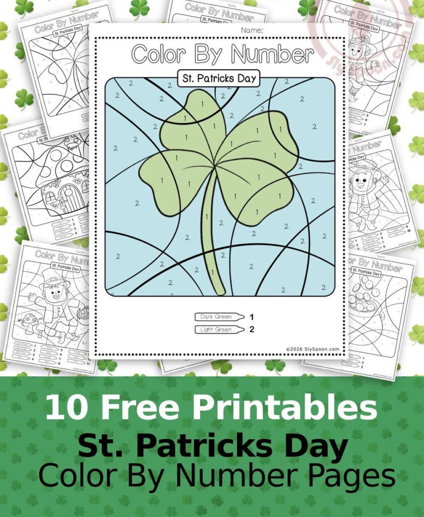 Free Printable Easy St. Patricks Day activity idea - Color By Number Worksheet featuring a cute Leprechaun design. Shamrock. Clover. 4 Leaf Clover.